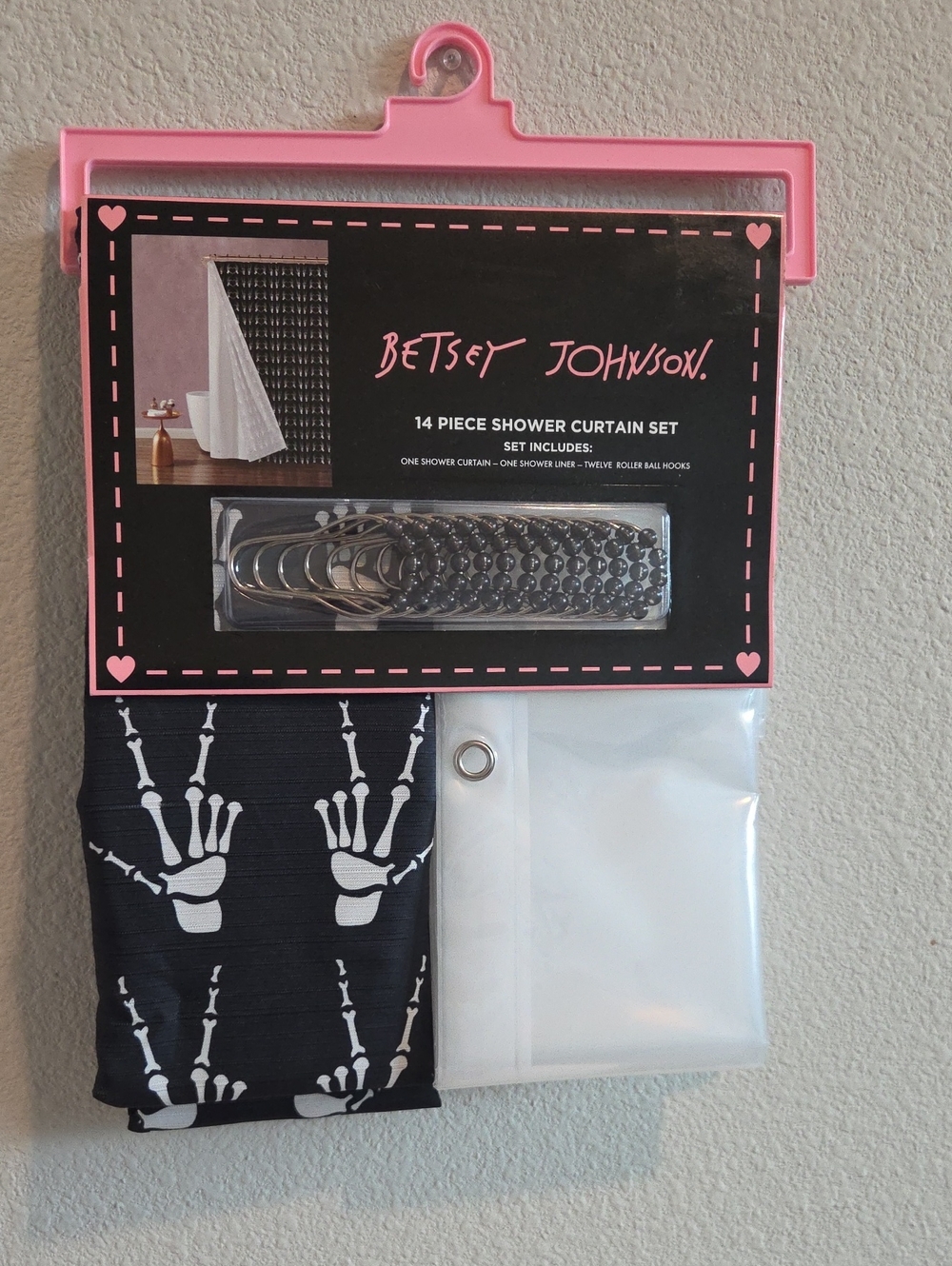 Betsey Johnson Black & White Skeleton Hand Shower Curtain Set